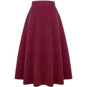 Womens Long Pure Wine Elastic Waist A-Line Pleated Tartan Long Plaid Wool Skirts